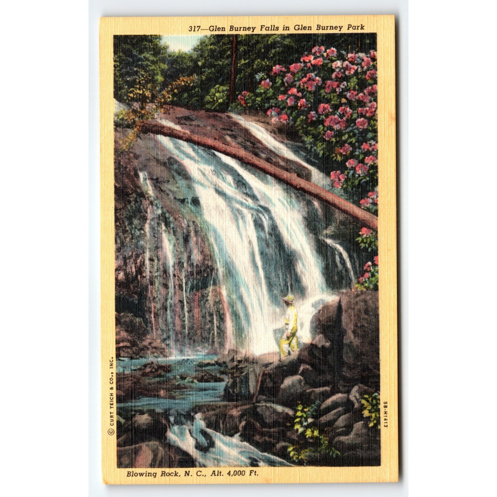 Vintage Linen Postcard Glen Burney Falls Blowing Rock NC 1930s